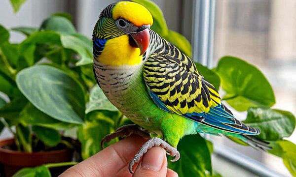 A colorful parrot rests on a hand, showcasing a blend of yellow, green, and blue feathers. It has a red beak, dark eye, and a close view. Lush green plants make a stunning backdrop