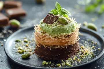 Dubai chocolate dessert with kataifi and pistachio paste. Trend dessert. AI Generative