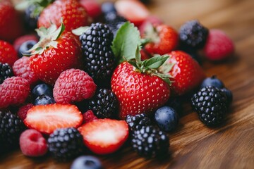 Obraz premium Assorted fresh berries on a wooden surface