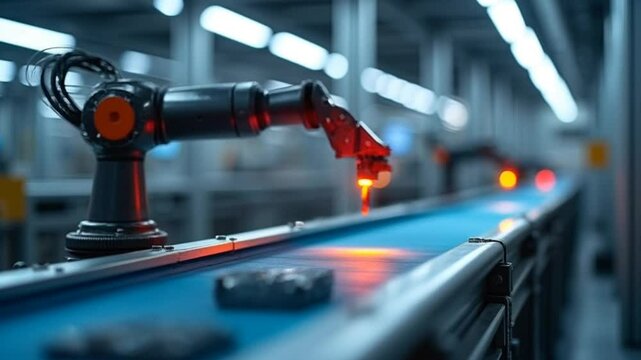 Robotic arm working on modern conveyor in futuristic smart factory, seamless looping 4k time-lapse animation video background