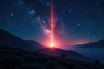 Mysterious glowing beacon in a dark, starry night sky Cosmic rays illuminate the landscape , luminous, rays, environment