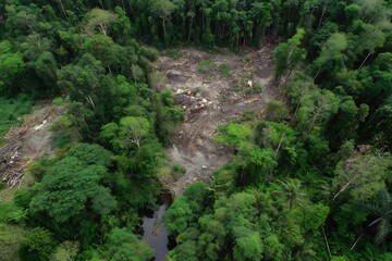 Overhead shot of An aerial view of a massive deforestation area in a tropical rainforest.