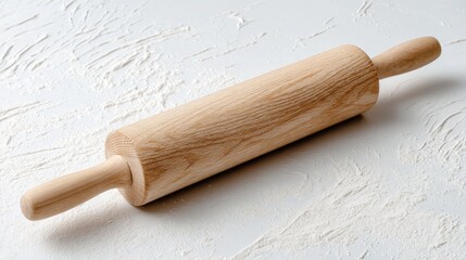 Wooden rolling pin on white textured surface