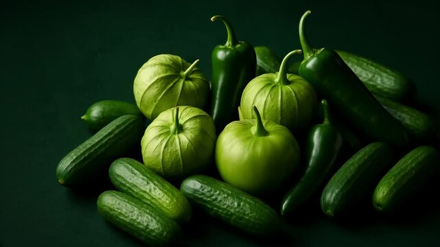 Fresh Green Vegetables Harvest Abundance Tomatillos Jalape&ntilde;os Cucumbers Healthy Eating