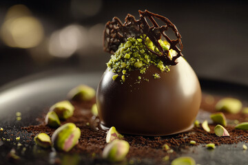 Luxury trendy dark broken chocolate, with Pistachio on black wooden rustic backdrop. AI Generative