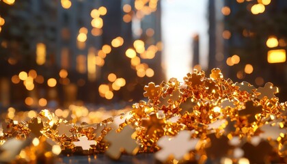Golden puzzle pieces pile in city bokeh