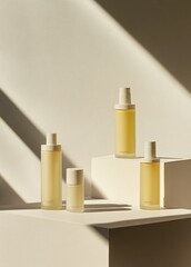 Four frosted glass bottles of pale yellow skincare products sit on minimalist white platforms, bathed in sunlight casting dramatic shadows against a neutral backdrop
