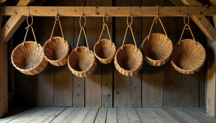 Rustic woven baskets hanging from weathered wood beams in a barn , arrangement, woven baskets