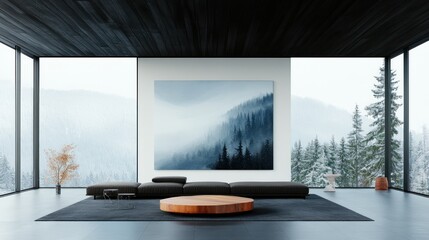 Fototapeta premium Modern living room with large landscape painting, showcasing a minimalist aesthetic with a view of a snowy mountain range