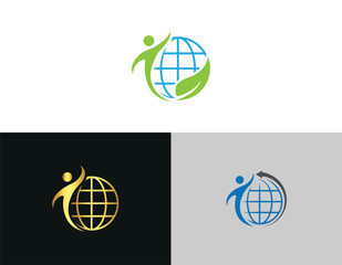 Abstract globe vector template with human silhouette and leaf symbolizing global wellness and ecology focused logos