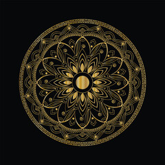 Intricate Golden Mandala Design on Black Background with Floral and Geometric Motifs