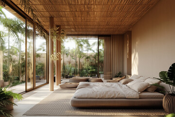 tropical resort villa with bamboo and wood ceiling