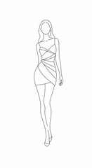 Chic line art illustration of a woman in a stylish dress on a transparent background
