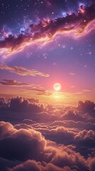 Dreamy Sunset Above the Clouds with Starry Sky and Cosmic Galaxy Vibes