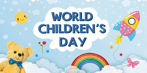 A whimsical illustration with toys, rainbow, and rocket celebrating World Children's Day.