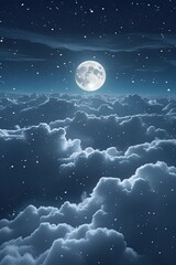 Full Moon Above Clouds in Starry Night Sky – Dreamy Nocturnal Landscape