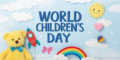 World Children's Day Scene with Teddy Bear and Rainbow