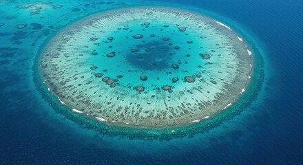 Aerial View of Circular Coral Atoll Island in Turquoise Ocean Paradise for Ecotourism Travel and Conservation Efforts Exploration Photography