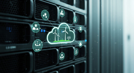 Digital cloud network icons over server hardware in data center  