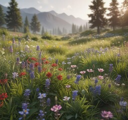Fototapeta premium Lush wildflowers in a tranquil meadow setting, summer, image