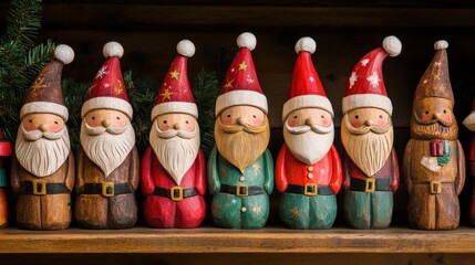 Row of Christmas Santa Claus Wood Figurines on Display Shelf