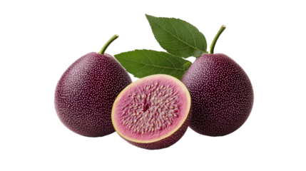 Cluster of genetically modified fruits with vibrant purple skin and speckled texture, accompanied by green leaves, showcasing sliced view revealing pink interior