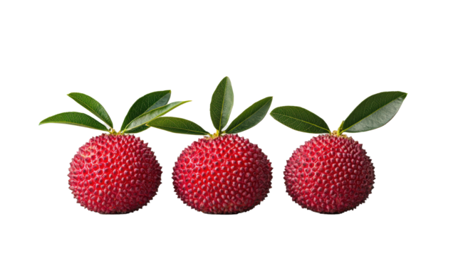 Three vibrant red fruits with textured skin and green leaves are displayed against transparency background, showcasing their unique appearance. These genetically modified fruits are eye catching