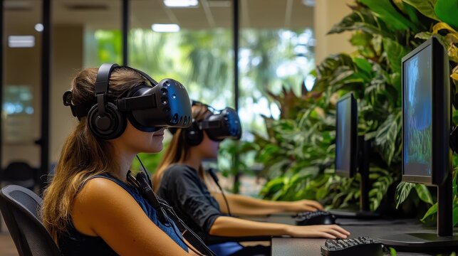 Two Women Experience Virtual Reality at Computer Stations Surrounded by Lush Greenery Innovative Technology in Education and Futuristic Office Space Design