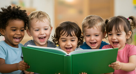 Happy diverse toddlers reading a book together preschool education childhood literacy learning fun kids group joyful reading time storybook early childhood development
