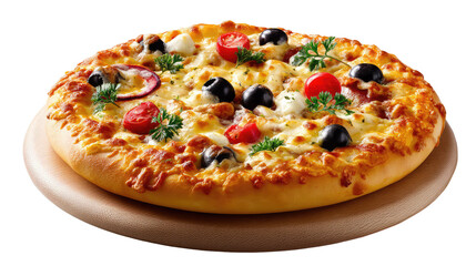 Delicious Pizza: An appetizing pizza with a crispy crust, fresh toppings including olives, tomatoes, and herbs, ready to be enjoyed, creating a mouthwatering culinary image