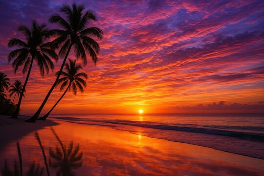 Golden sunset on tropical beach with palm trees casting shadows over vibrant sky and colorful water reflections

