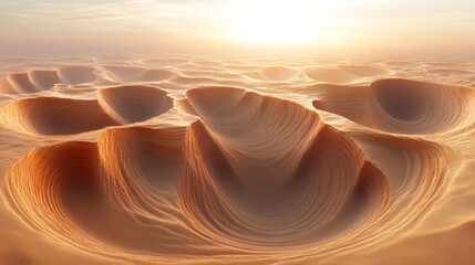 Vast, sculpted sand dunes under a warm sunset.  Detailed patterns and textures across the landscape