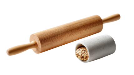 Rolling Pin Still Life: A detailed shot of a wooden rolling pin alongside a small container filled with raw cookie dough. Perfect for illustrating culinary processes and the essence of baking. 