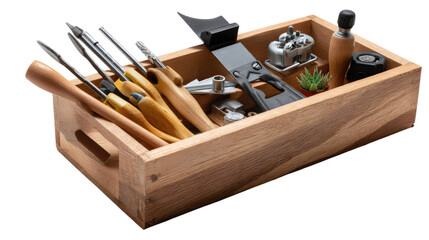 Craftsmanship's Toolkit: A meticulously organized wooden box unveils a collection of essential tools, each poised to bring precision to the art of creation. It's a visual symphony of purpose.
