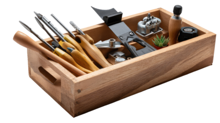 Craftsmanship's Toolkit: A meticulously organized wooden box unveils a collection of essential tools, each poised to bring precision to the art of creation. It's a visual symphony of purpose.