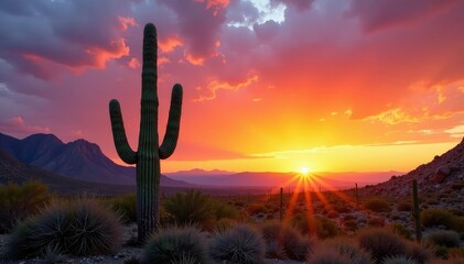 Towering saguaro cactus in Sonoran Desert sunset, canyon, sun, hot