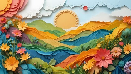 Colorful Paper Cut Landscape with Flowers Sun and Hills