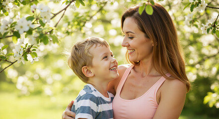 Mother and son smiling together among white blossoms in spring garden. Natural family portrait for mothers day celebrations and spring holiday promotions