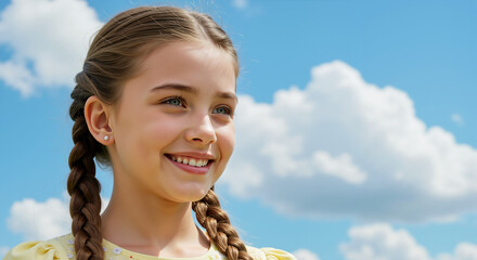 Smiling girl with braided hair and pearl earrings against blue sky with white clouds. Summer portrait for Children's Day, school advertising and youth education campaigns