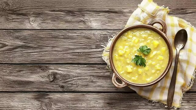 Creamy corn chowder in a bowl on rustic wooden table, top view