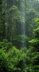 Fototapeta premium Rainforest rain falling lush green plants