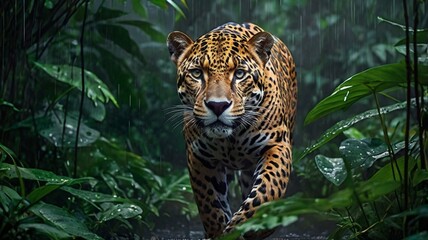 Majestic Jaguar Rainforest Predator Walking in Rain Tropical Jungle cat big wet art wild eyes dark  