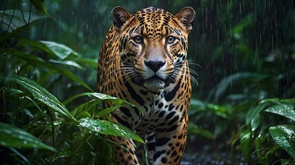 Majestic Jaguar in Tropical Rainforest Rain Nature Wildlife Cat Big Wet Fear Dark Spot Coat Eyes    
