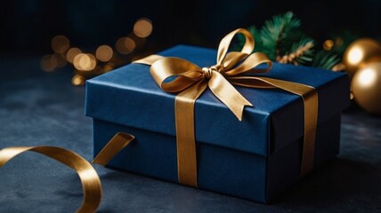 Elegant Navy Blue Gift Box with Golden Ribbon Festive Holiday Present Luxury Packaging Bow Sale Dark