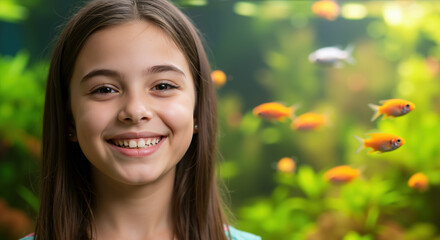 Smiling girl with straight brown hair against colorful aquarium with bright orange fish. Natural childhood portrait for science education campaigns and environmental awareness programs