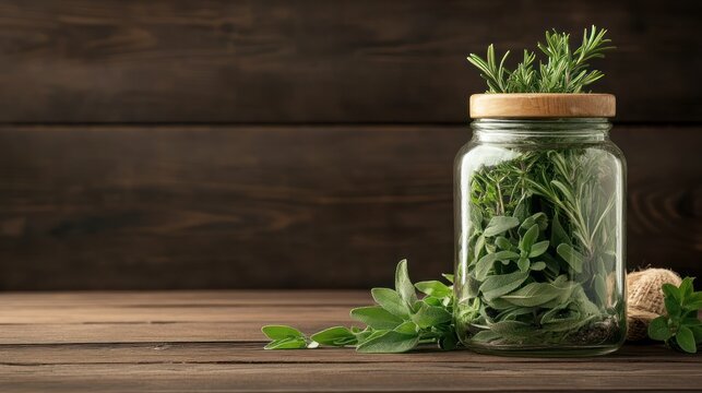 Fresh herbs in a glass jar - Powered by Adobe