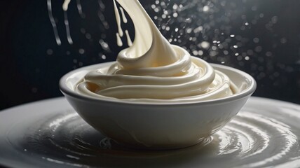 Creamy Delicious Mayonnaise Pouring Bowl Food Photography White Background dip egg oil rich shot    