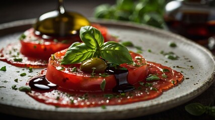 Delicious Balsamic Glazed Tomato Salad Recipe Gourmet Food Photography red art meal dish basil plate