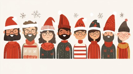 Diverse People Wearing Christmas Hats and Winter Sweaters Standing Together