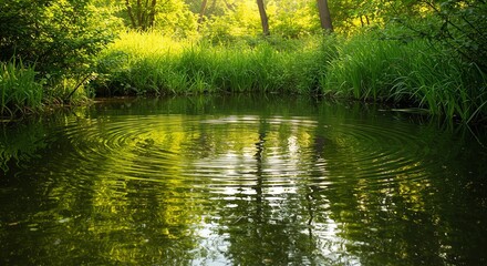 Obraz premium Ripples in Calm Pond, Green Summer Nature